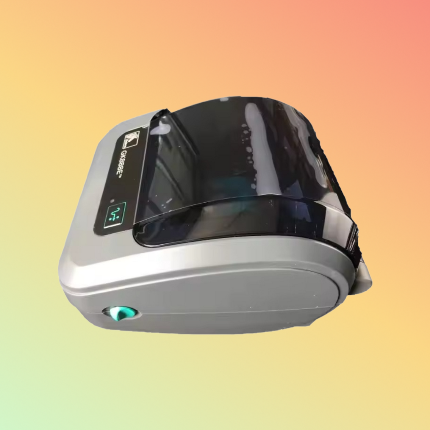 Compact Zebra GK888E 203dpi printer, designed for high-quality thermal label printing on a desktop scale