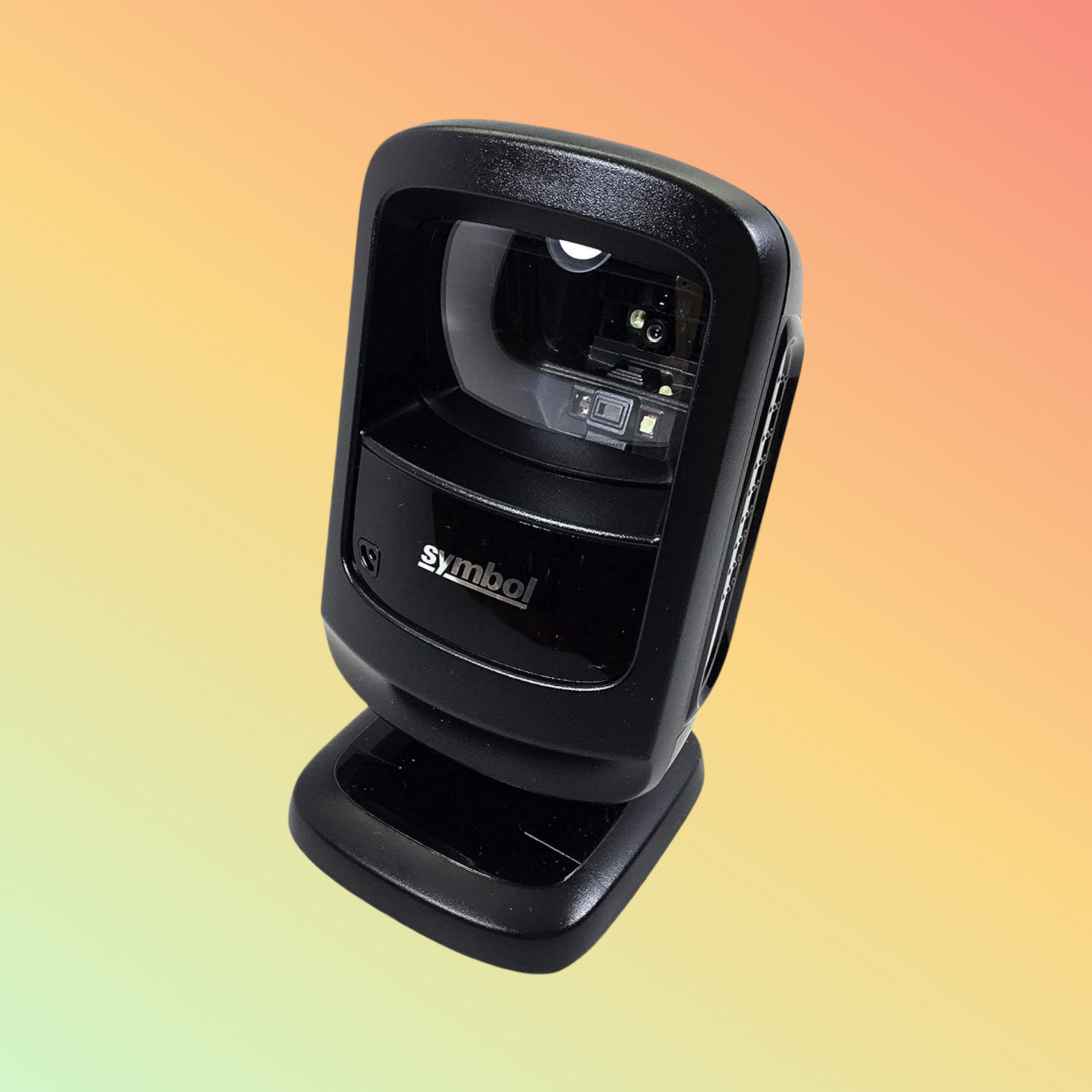 Compact Zebra DS9208 scanner, features USB connectivity for quick 2D barcode reading.

