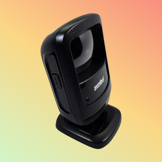 Zebra DS9208 hands-free 2D barcode scanner with USB cable for efficient retail scanning.

