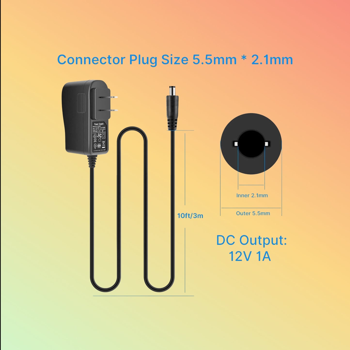 Hiseeu 12V 1A Power Adapter – 12W, 10ft Cable, FCC, for Security Cameras