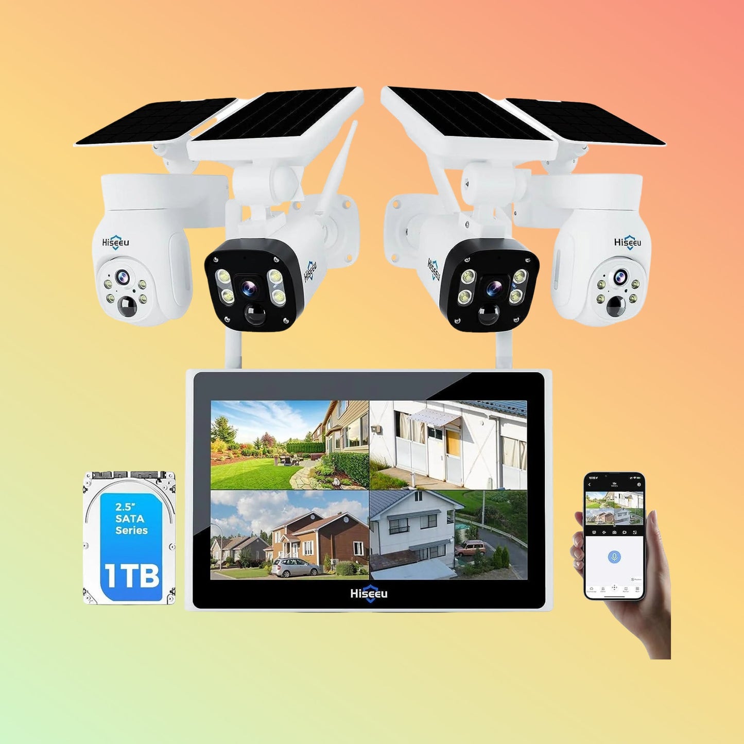 Hiseeu [Wireless , Expandable 10Channels 10in"Monitor 4K NVR] 4MP PTZ Dome + Bullet Security Camera System BUILD-IN 1T HDD