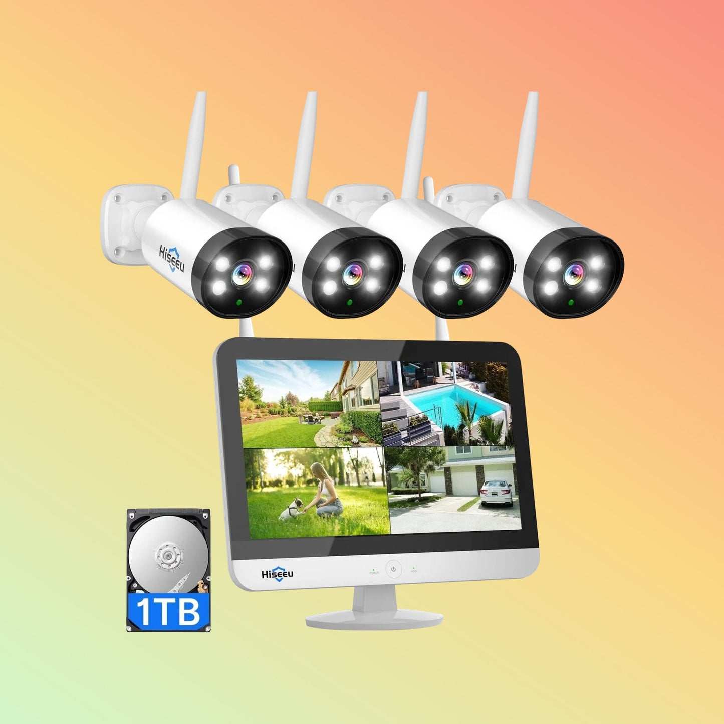 Hiseeu [Wireless,Expandable 10Channels 12.1"Monitor NVR] 2k Wireless Security Camera System BUILD-IN HDD