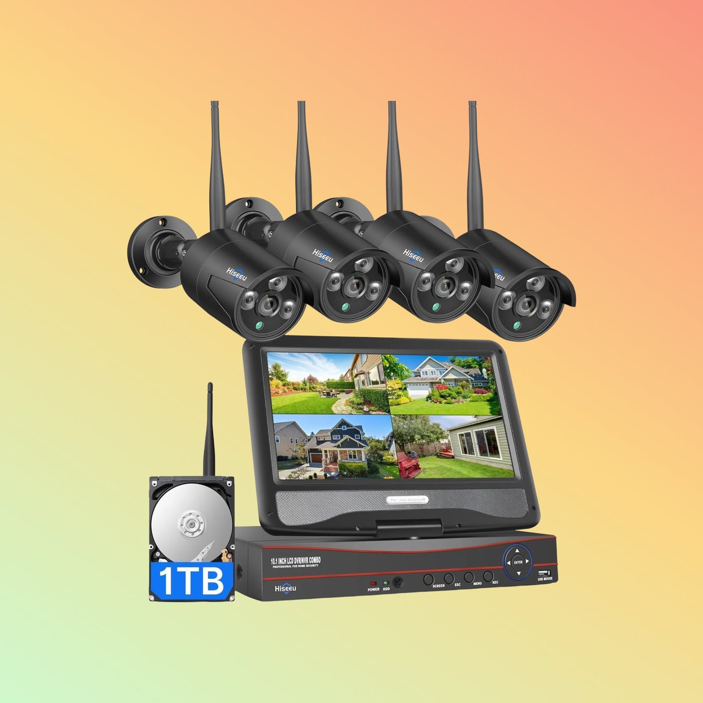 Hiseeu [Wireless Pro, 100ft Range,Expandable 16Channels 4K 10.1" LCD Monitor NVR] 5MP Black Wireless Security Camera System With 1T HDD