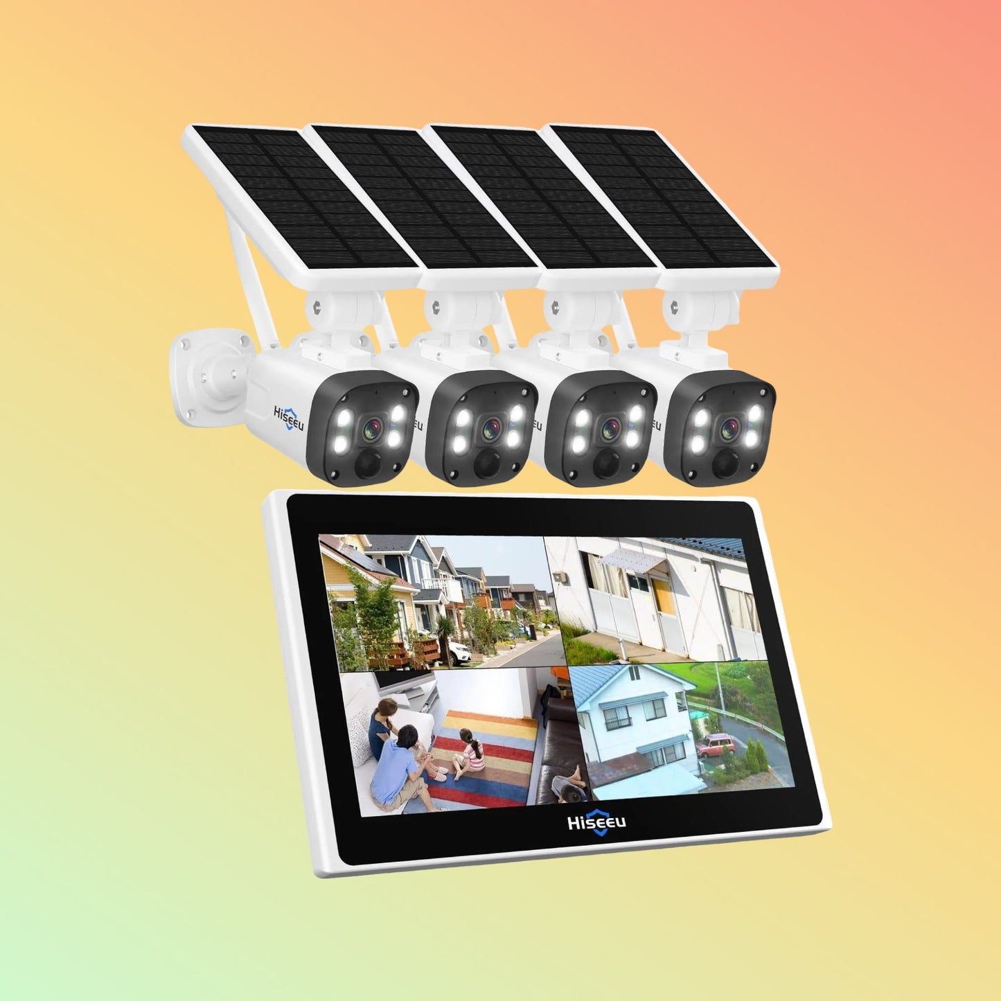 Hiseeu [Wireless , Expandable 10Channels 10in"Monitor NVR] 4MP Solar Security Camera System BUILD-IN 1T HDD