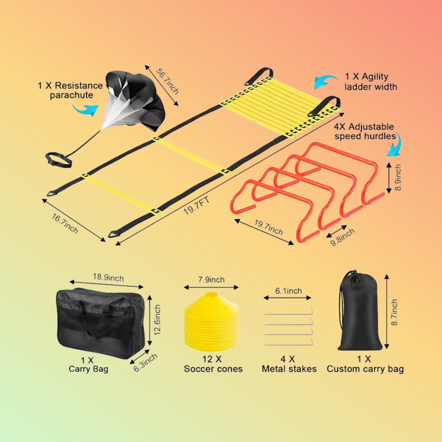 MKAS Football Soccer Speed Training Equipment Set Agility Ladder 12 Soccer Cones 4 Hurdles Running Parachute Agility Ladder