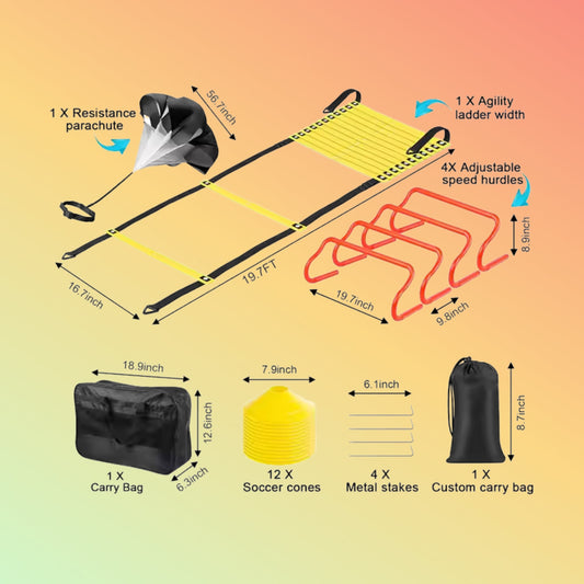 MKAS Football Soccer Speed Training Equipment Set Agility Ladder 12 Soccer Cones 4 Hurdles Running Parachute Agility Ladder